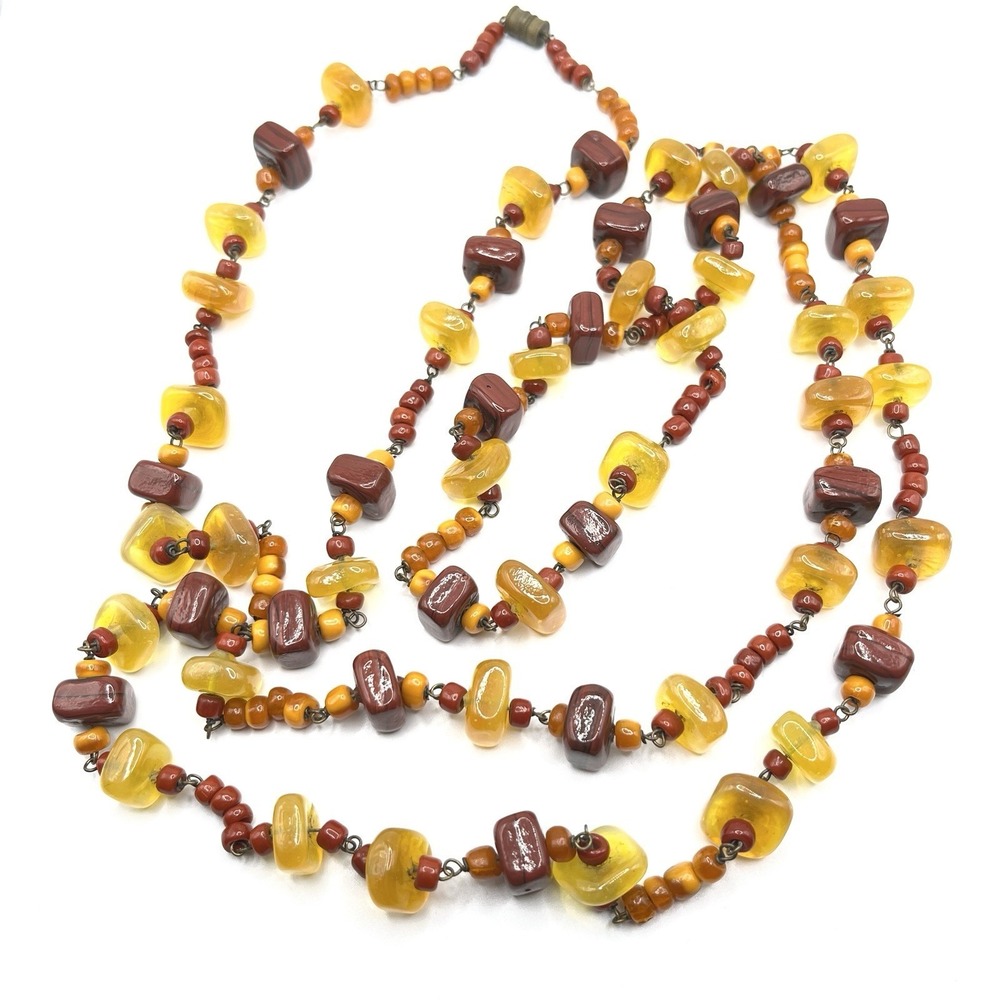 Vintage Long Heavy Glass & Ceramic Bead Necklace Autumn Red Yellow Tones‎ 52"